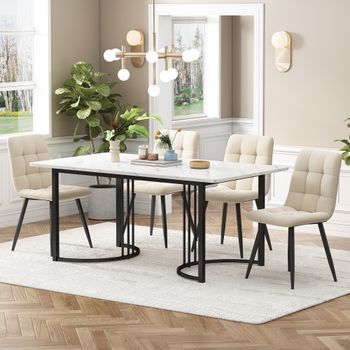 Conjunto De Comedor - Mueble De Comedor - Mdf Y Metal - Blanco Y Beige (140x80x75cm)