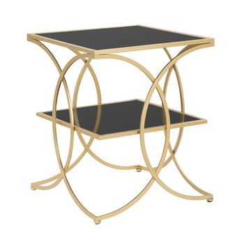 Mesa De Metal Dorado Con Encimeras De Vidrio Negro Cm 45x45x55