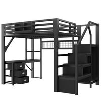cama alta doble de 140x200 cm con escritorio integrado almacenaje y luces led negra