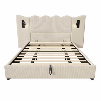 Cama Contenedor 180x200 Cm De Pana - Con Luz De Lectura Y Función De Carga - Con Somier - Beige