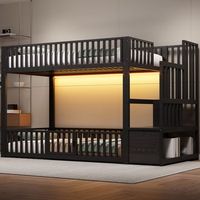 litera infantil de 90x200 cm negra con luces led y escalera de almacenamiento