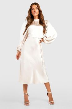 Vestido Midi De Raso Con Cuello Alto Y Mangas De Globo, Beige