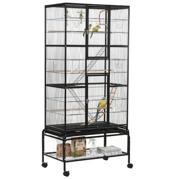 PawHut Jaula para Pájaros con Ruedas 83x53x180 cm Pajarera Metálica de 3 Niveles con 3 Perchas Comederos y Juguetes Negro   Aosom España