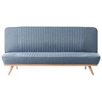 sofa cama moderno de tela sin reposabrazos 2 plazas asiento y respaldo con costuras patas de metal acabado en madera azul kalfafel