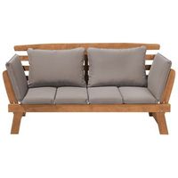 banco de jardin de madera de eucalipto clara 2 plazas con reposabrazos reclinables con cojines gris pardo portici