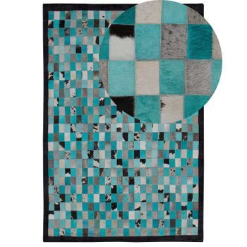 Alfombra De Piel Turquesa Y Gris Patrón A Cuadros 160 X 230 Cm Estilo Moderno Ecléctico Nikfer