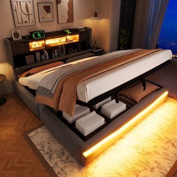 Cama Tapizada 180x200 Con Almacenaje Hidráulico, Lino Gris Y Luces Led