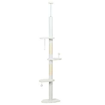 PawHut Árbol Rascador de Suelo a Techo Ajustable para Gatos con 3 Plataformas y 2 Bolas 48x32x225-255 cm Blanco   Aosom España