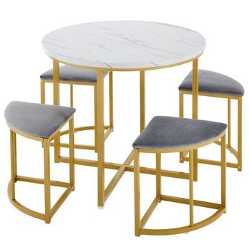 Conjunto Mesa De Cocina, Juego De Mesa De Comedor Con 4 Sillas, Diseño Compacto Y Almacenable, 80x80x75cm, Mdf Y Metal, Sillas De Comedor De Terciopelo Gris.