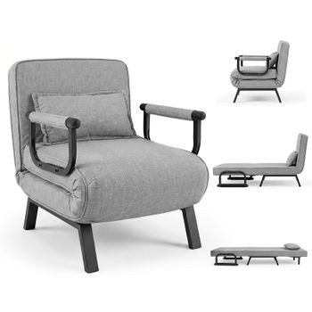 Costway Sofá Cama Convertible Individual Gris Claro Plegable con Brazos y Almohada 3 Modos Uso Sillón Tumbona Cama 186 x 64 cm para Salón Dormitorio