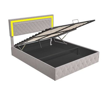 Cama de matrimonio con canapé de terciopelo de 160x200 cm - con led y somier de láminas - cama de matrimonio con canapé - con cabecero regulable en altura - beige