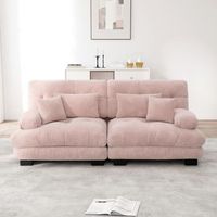 sofa esquinero de dos plazas color nube chenilla con cojines lumbares y decorativos estructura de madera maciza para salon rosa