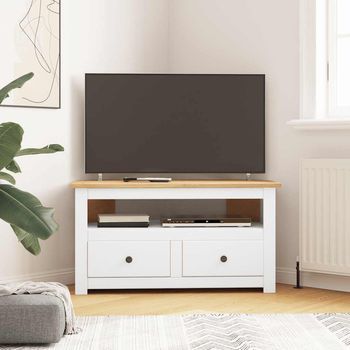 Mueble Esquinero Tv | Mueble De Salón | Mesa De Tv Madera Pino Estilo Panamá Blanco 93x49x49cm