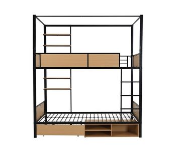 Cama alta 90x200 - cama de hierro + mdf, doble estante lateral, barandillas y escaleras resistentes, almacenamiento bajo la cama, cortina superior opcional - negro+natural