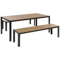 conjunto de comedor 6 plazas de metal negro madera clara cepillado 2 bancos nardo