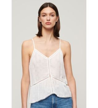Superdry para mujer. W6011647A Camiseta con ribete escalonado blanco (XL), Casual, Viscosa, Sin mangas / Tirantes