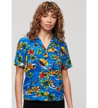 Superdry para mujer. W4010419A Camisa Beach Resort azul (S), Casual, Viscosa, Manga corta