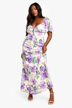 Vestido Plus Maxi De Manga Corta Con Estampado Y Volantes, Purple