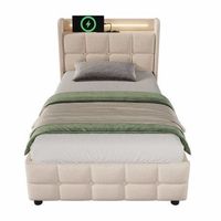 cama tapizada 90x200cm en lino - con led y puertos de carga usb - 2 cajones - beige