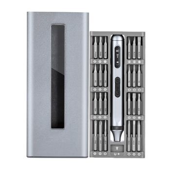 Destornillador Eléctrico Portátil 50 En 1 Con Doble Luz, Pantalla Lcd, Giro Bidireccional, Torque 0,3nm Y Batería Recargable. 7,2x2x17,2 Cm. Color: Plata