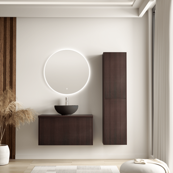 Conjunto Mueble De Baño Nogal Acanalado 80 Cm - Lavabo Negro - Conjunto Mueble Baño Marrón Acanalado - Mueble Lavabo - Lavabo Sobre Encimera - Columna De Baño [tropani]