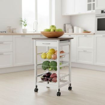 Carrito Auxiliar Con Ruedas 3 Estantes Con Cajón, Verdulero De Cocina En Madera Blanca, Verdulero Compacto