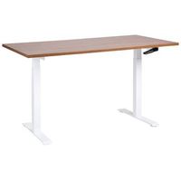 escritorio de altura regulable manualmente oficina moderna patas cuadradas  160 x 72 cm tablero madera oscura soporte de acero blanco destines