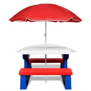 Mesa De Picnic Y Bancos Para Niños Y Sombrilla Multicolor