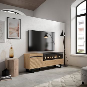 Mueble tv efecto madera roble 150x35x57cm chimenea efecto fuego