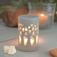 quemador de aroma cilindrico calado en ceramica beige - h11