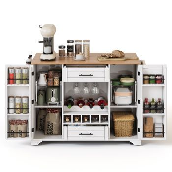 Isla De Cocina Con Encimera Plegable, Botellero Y Cajones, 138x70x92cm, Mdf, Blanco