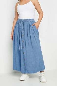 Yours Falda Larga De Cambray Azul Con Botones, Mujer Curvy Y Tallas Grandes, Yours