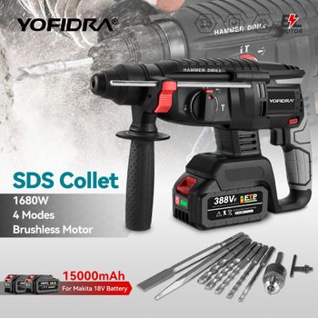 YOFIDRA-martillo eléctrico sin escobillas de 26MM, taladro de impacto, herramienta eléctrica rotativa inalámbrica multifunción para Pin de batería Makita