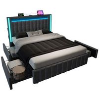 cama tapizada 160 x 200 cm con 4 cajones - tomas usb tipo c e iluminacion led - tela de lino - gris sin colchon