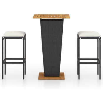 Set De Muebles De Bar Jardín 3 Piezas Y Cojines Ratán Pe Negro Vidaxl