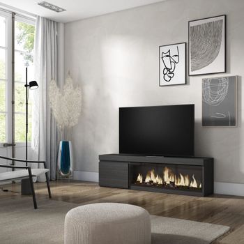 Mueble tv efecto madera negro 158x35x45cm chimenea efecto fuego