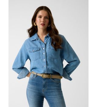 Guess para mujer. W6GH55D0876 Camisa Wren Denim azul (S), Casual, Algodón, Manga larga