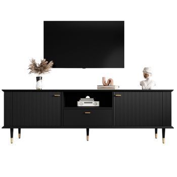 Mueble De Tv Negro 170 Cm Con Cajones, Puertas Y Patas Doradas, Mdf
