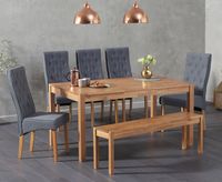 oxford 150cm solid oak dining table with juliette fabric chairs and oxford bench - grey 2 chairs