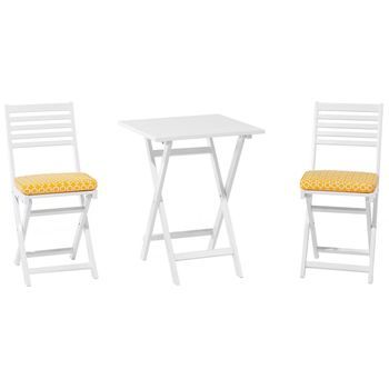Conjunto Bistró De Jardín Blanco De Madera De Acacia 3 Piezas Con Cojines Amarillos Plegable Diseño Moderno Fiji