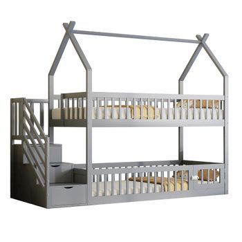 Cama De Altura Infantil 90x200 Cm De Madera Maciza Pino Con Techo, Escalera Segura Y Cajones De Almacenamiento, Espacio De Juego Abajo, Diseño Casa, Color Gris, Estable Y Duradero, Para Niños