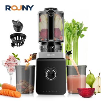 ROUNY Exprimidor lento, extractor de prensa en frío con sin filtro, máquina exprimidora de frutas eléctrica de fácil limpieza con gran calibre, negro
