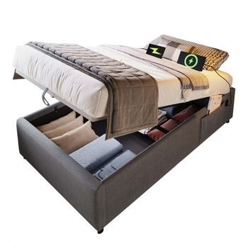 Cama Individual 90x200 Cm, Cama Con Almacenamiento Y Base De Madera Sólida, Con Puerto De Carga Usb-c Integrado, Sin Cabecero, Latón De Superficie Completa, Gris, Ideal Para Ropa De Cama Y Artículos Estacionales
