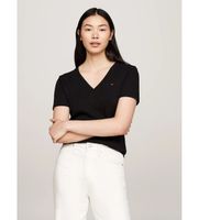 tommy hilfiger para mujer ww0ww40584 camiseta slim con cuello de pico negro xs casual algodon manga corta