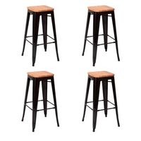 set 4 taburetes de acero galvanizado negro con asiento de madera en color natural de estilo industrial