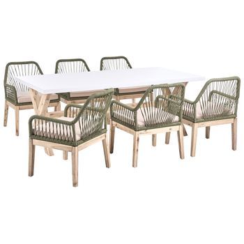 Conjunto De Comedor Exterior Con Sillas Mesa Tablero De Hormigón Patas De Madera 6 Sillas De Polipropileno Cojines Blanco Verde Oliva Olbia