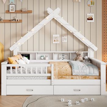Sweiko Cama Plataforma Grande 140x200 Cm, Forma Maison, Madera, Led, Cofre De Almacenamiento, Cajones, Barrera, Blanca - Blanco