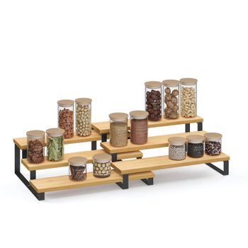 Estante para Especias Especiero Extensible Madera de Ingeniería Apilable, Natural y Negro