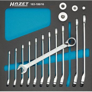 Hazet 163-186/16 Juego De Llaves Combinadas De Carraca ∙ Con Adaptadores Cuadrados ∙ Perfil De Tracción Hexagonal Doble Exterior ∙ 8 – 19 ∙ Número De Herramientas: 16