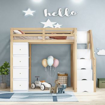 Litera Cama Infantil Individual 90x200 Cm + Cajon Cómoda Y Estantes + Escalera Con Almacenamiento Natural